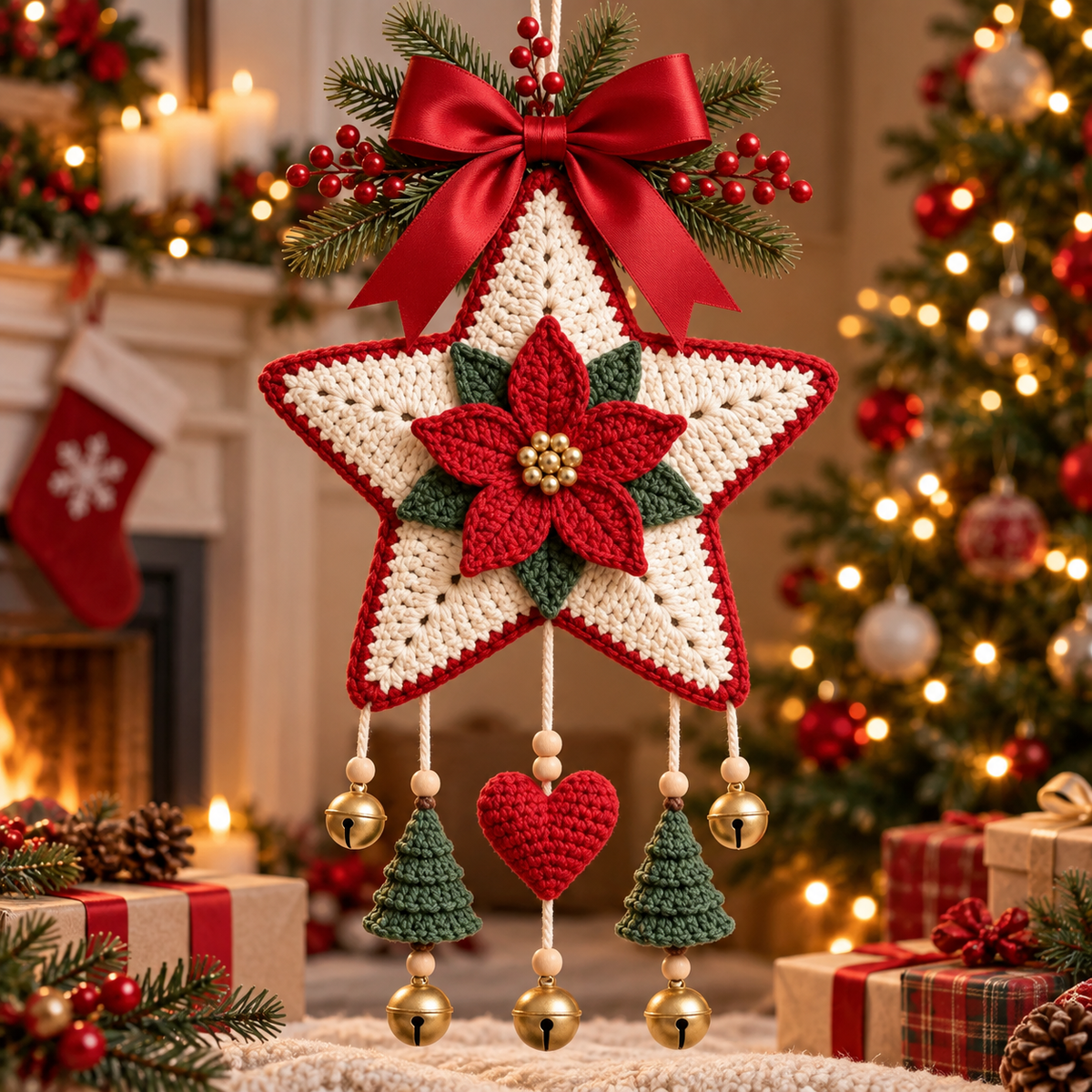 Crochet Poinsettia Star Ornament Pattern PDF | Christmas Wall Hanging