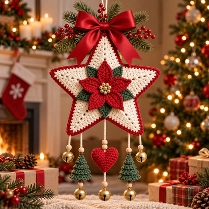 Crochet Poinsettia Star Ornament Pattern PDF | Christmas Wall Hanging