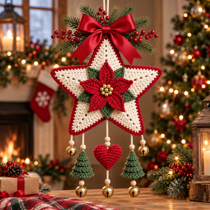 Crochet Poinsettia Star Ornament Pattern PDF | Christmas Wall Hanging