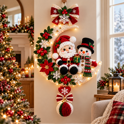 Santa & Snowman Crescent Moon Wreath Crochet Pattern PDF | Christmas Door Hanger