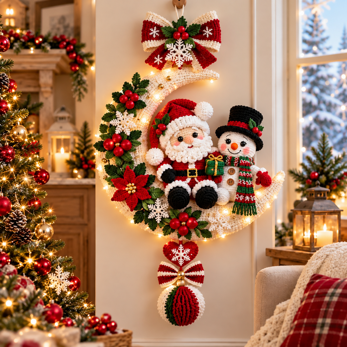 Santa & Snowman Crescent Moon Wreath Crochet Pattern PDF | Christmas Door Hanger