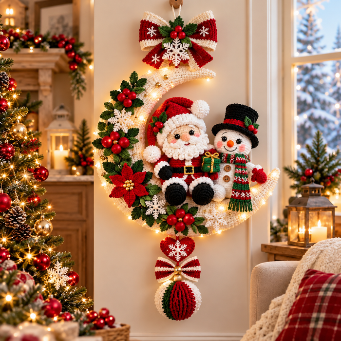 Santa & Snowman Crescent Moon Wreath Crochet Pattern PDF | Christmas Door Hanger