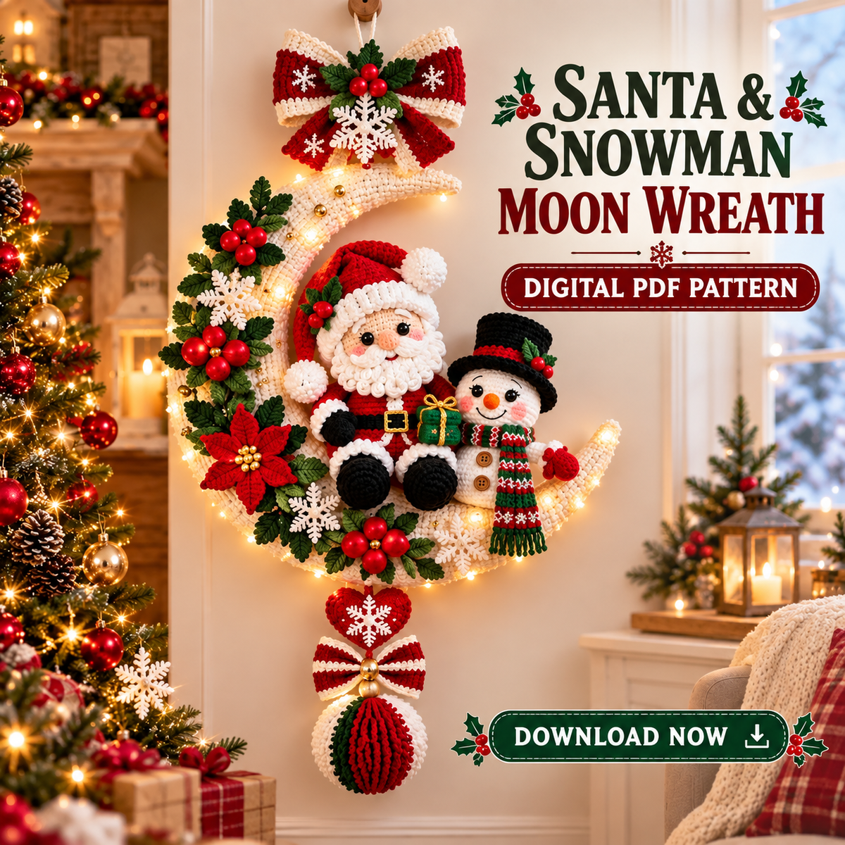 Santa & Snowman Crescent Moon Wreath Crochet Pattern PDF | Christmas Door Hanger