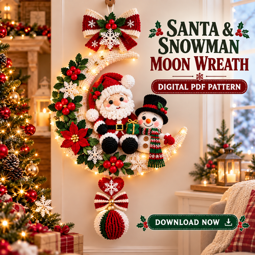 Santa & Snowman Crescent Moon Wreath Crochet Pattern PDF | Christmas Door Hanger