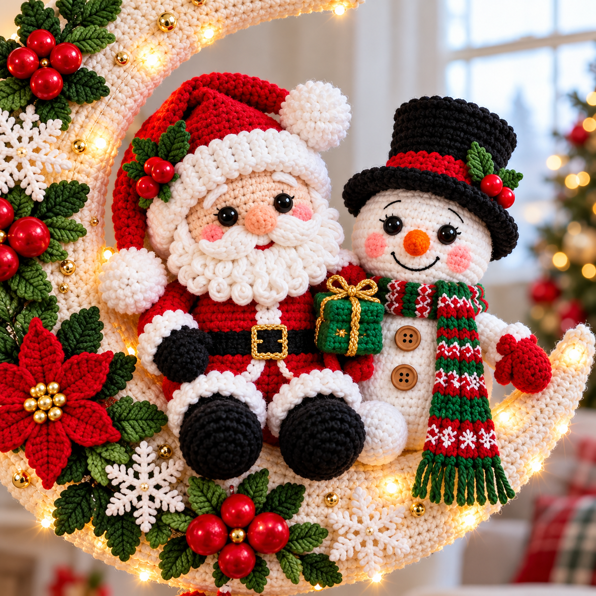 Santa & Snowman Crescent Moon Wreath Crochet Pattern PDF | Christmas Door Hanger