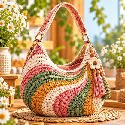 Boho Crescent Crochet Bag Pattern PDF | Colorful Swirl Shoulder Purse