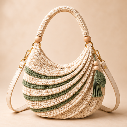 Crescent Crochet Handbag Pattern PDF | Cream & Sage Swirl Hobo Bag