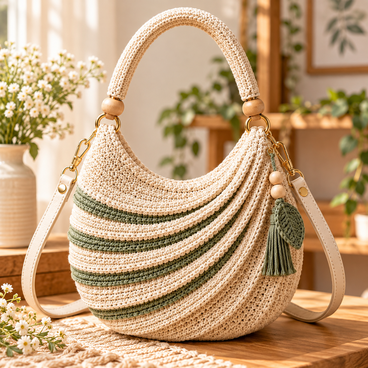 Crescent Crochet Handbag Pattern PDF | Cream & Sage Swirl Hobo Bag
