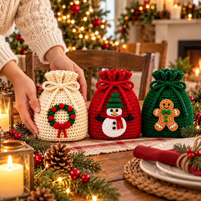 Christmas Drawstring Gift Bag Crochet Pattern PDF | Holiday Treat Pouches