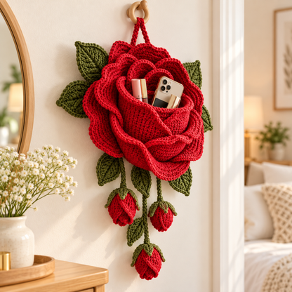 Crochet Rose Wall Organizer Pattern PDF | 3D Flower Hanging Storage
