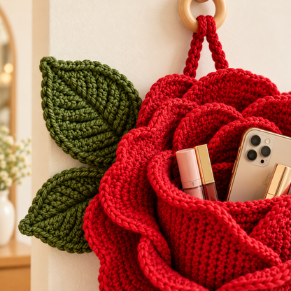 Crochet Rose Wall Organizer Pattern PDF | 3D Flower Hanging Storage