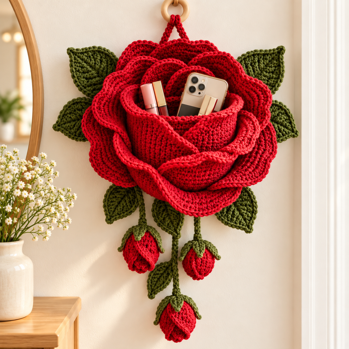 Crochet Rose Wall Organizer Pattern PDF | 3D Flower Hanging Storage
