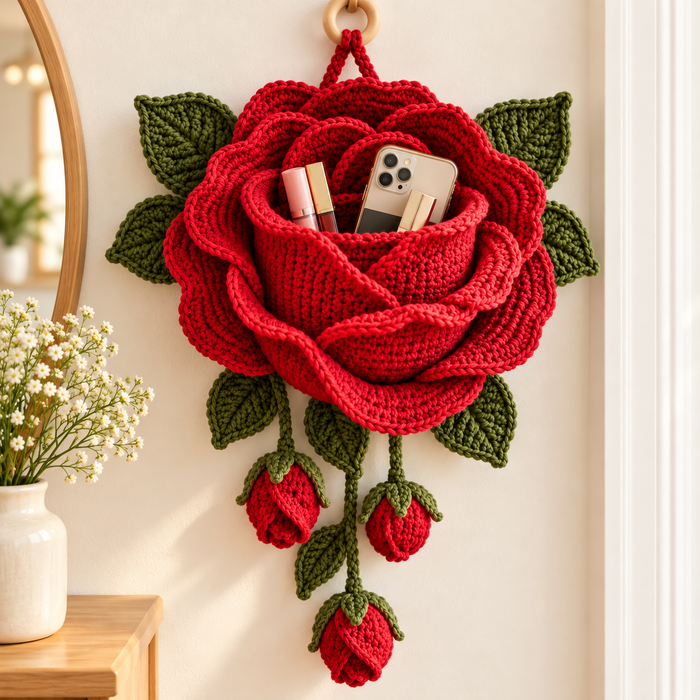 Crochet Rose Wall Organizer Pattern PDF | 3D Flower Hanging Storage