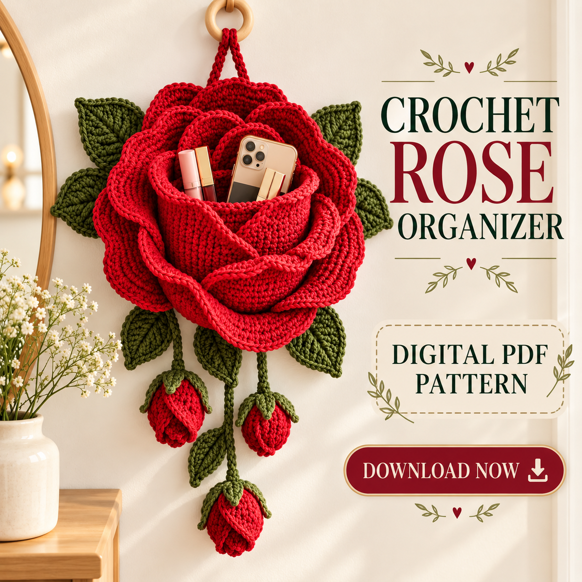 Crochet Rose Wall Organizer Pattern PDF | 3D Flower Hanging Storage