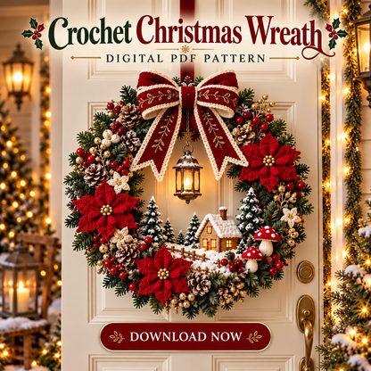 Christmas Cottage Wreath Crochet Pattern PDF | Woodland Holiday Door Decor