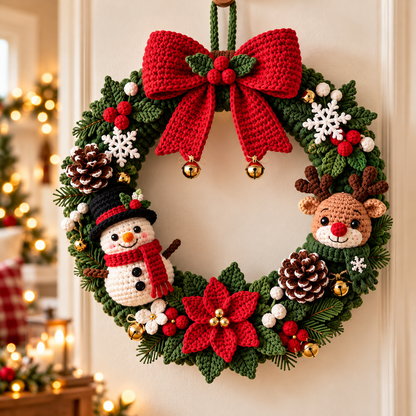 Christmas Wreath Crochet Pattern PDF | Snowman, Reindeer & Poinsettia Door Decor