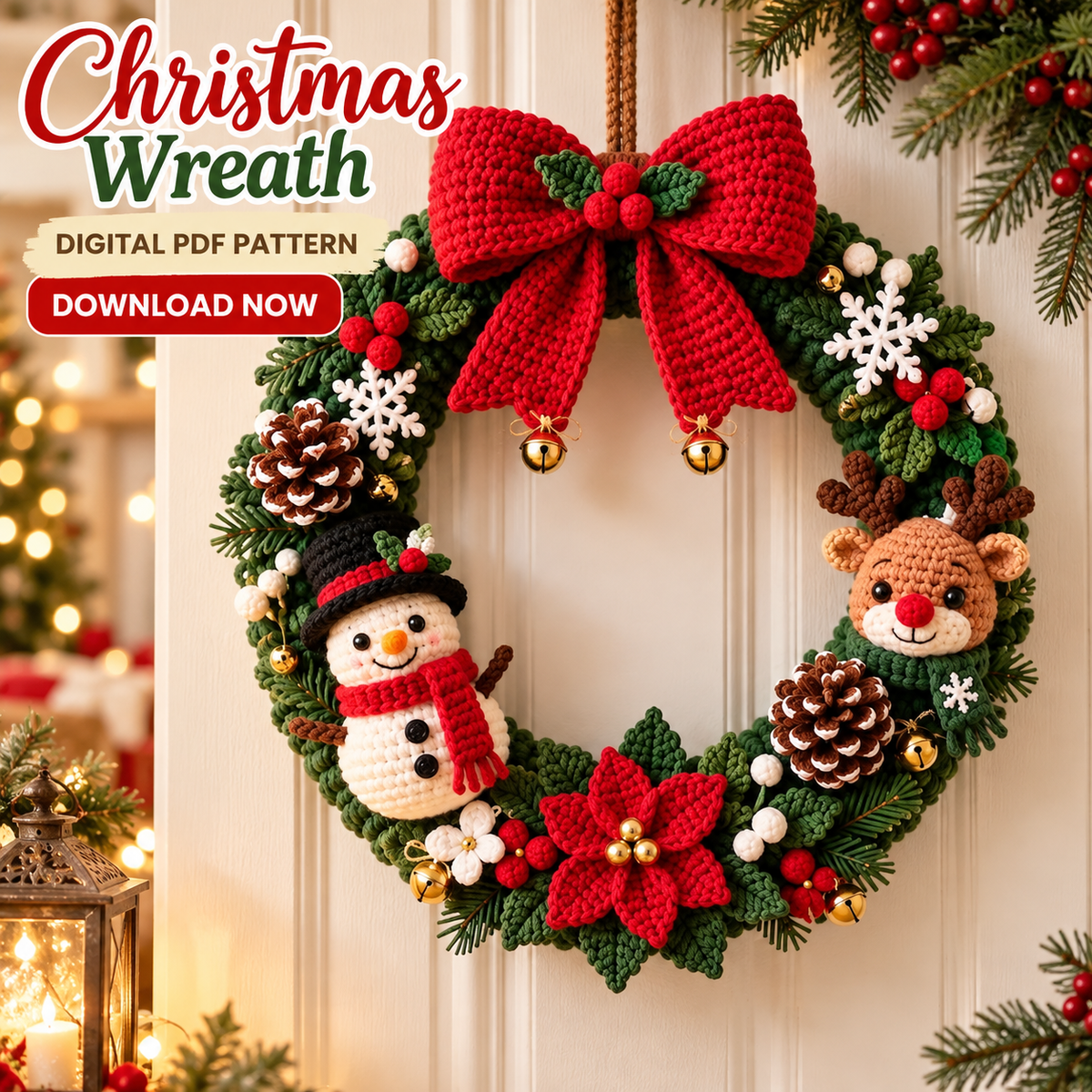 Christmas Wreath Crochet Pattern PDF | Snowman, Reindeer & Poinsettia Door Decor