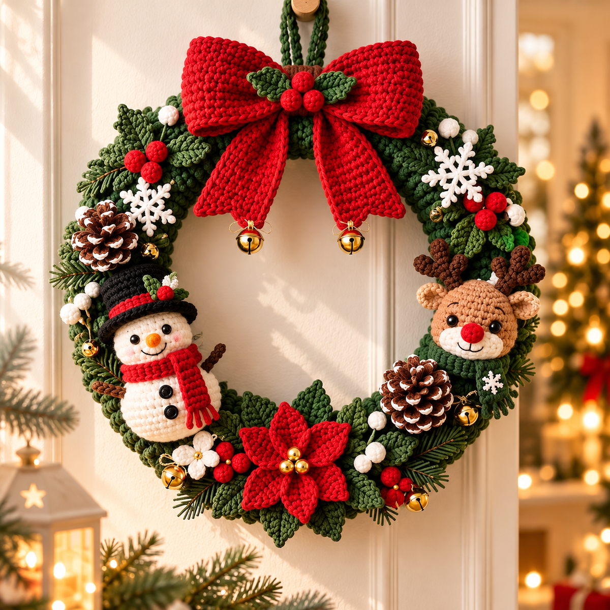 Christmas Wreath Crochet Pattern PDF | Snowman, Reindeer & Poinsettia Door Decor