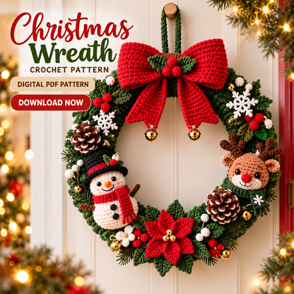 Christmas Wreath Crochet Pattern PDF | Snowman, Reindeer & Poinsettia Door Decor