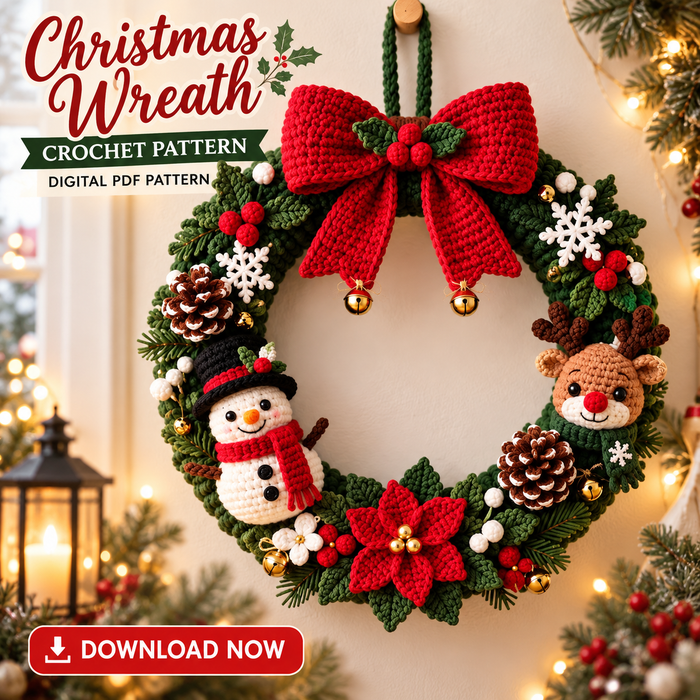 Christmas Wreath Crochet Pattern PDF | Snowman, Reindeer & Poinsettia Door Decor