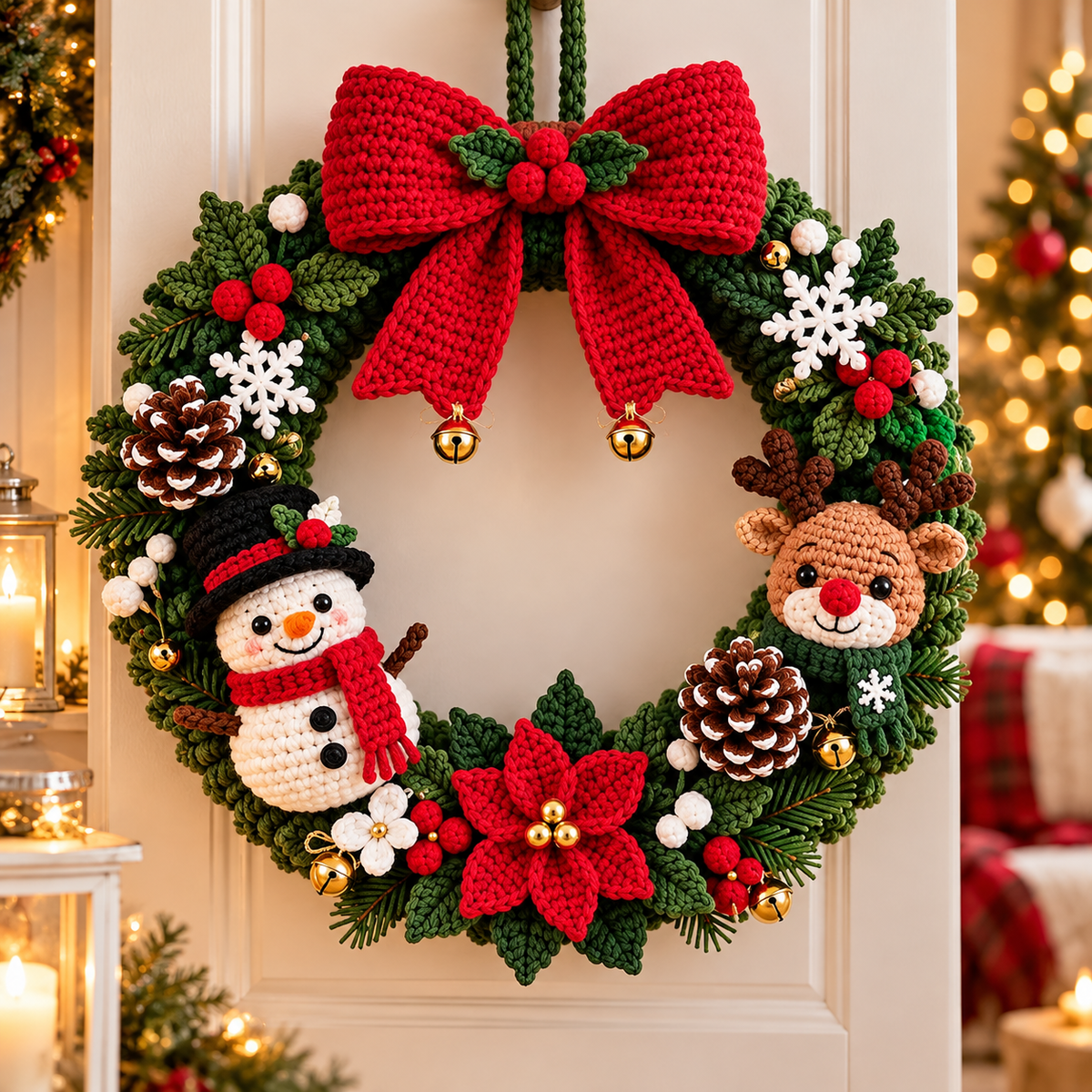 Christmas Wreath Crochet Pattern PDF | Snowman, Reindeer & Poinsettia Door Decor