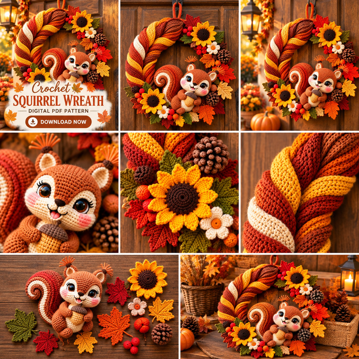 Crochet Squirrel Wreath Pattern PDF | Autumn Woodland Door Decor