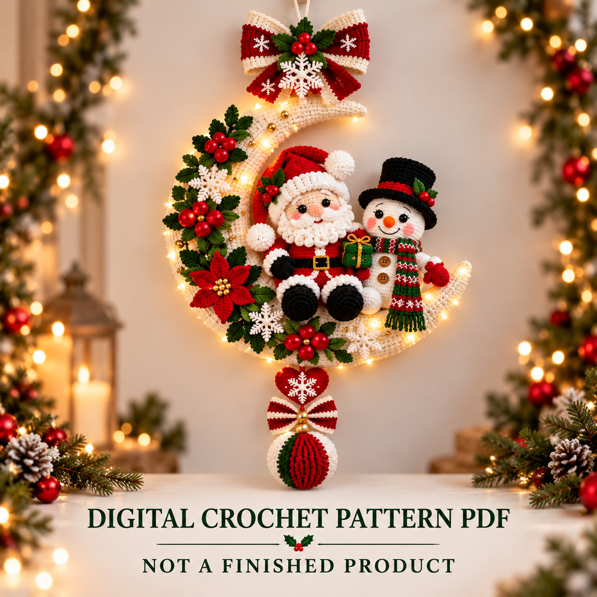 Santa & Snowman Crescent Moon Wreath Crochet Pattern PDF | Christmas Door Hanger