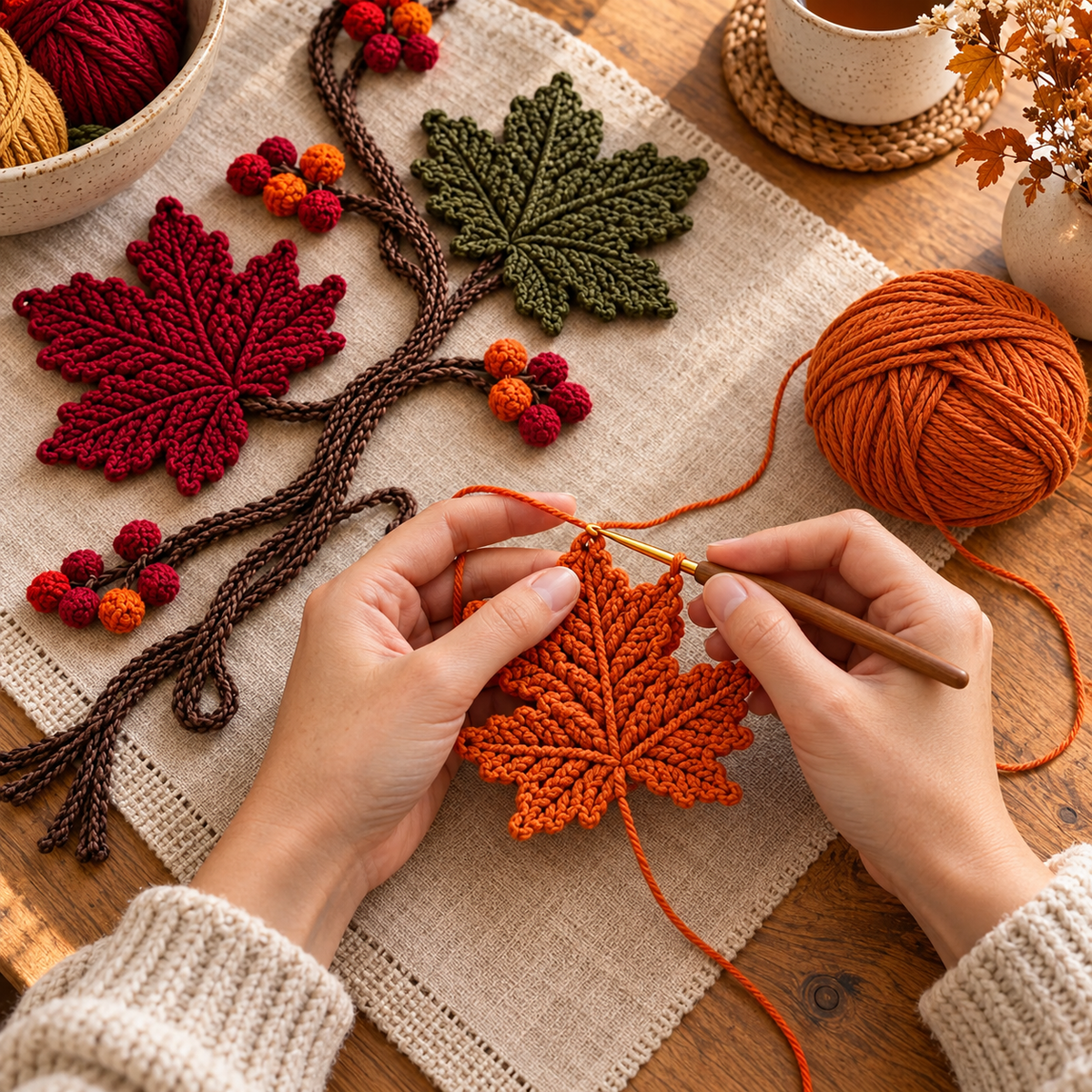 Maple Leaf Garland Crochet Pattern PDF, Fall Table Runner with Berries, Thanksgiving Decor