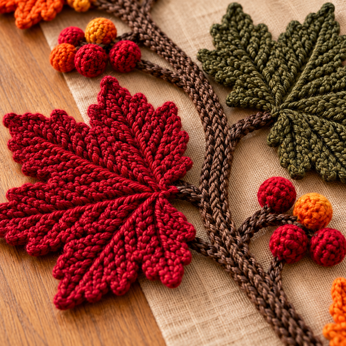Maple Leaf Garland Crochet Pattern PDF, Fall Table Runner with Berries, Thanksgiving Decor