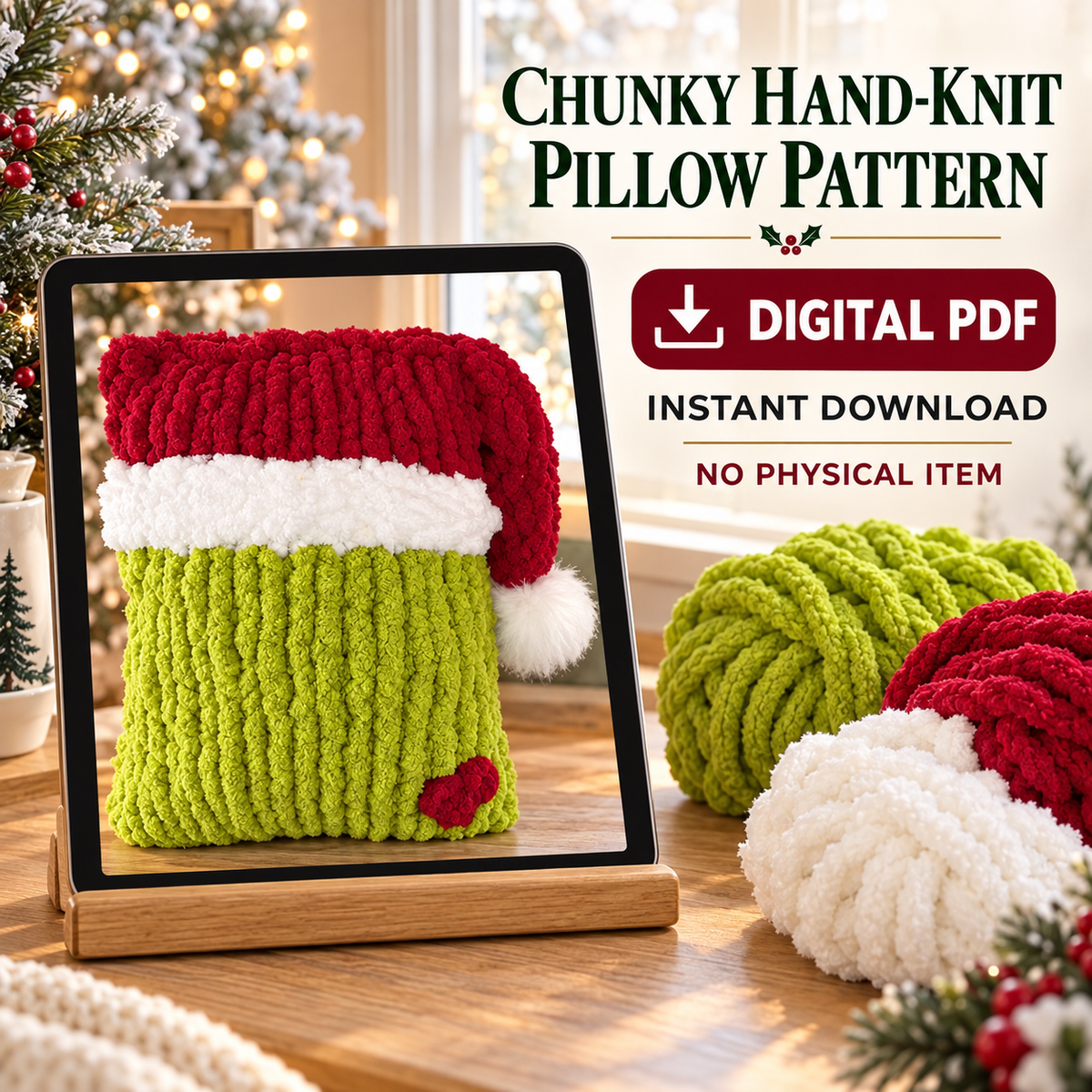 Chunky Hand Knit Grinch Pillow Pattern PDF – Christmas Santa Decor