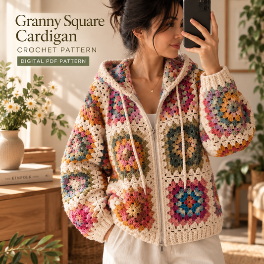 Granny Square Cardigan Crochet Pattern – Hooded Zip Up Sweater PDF