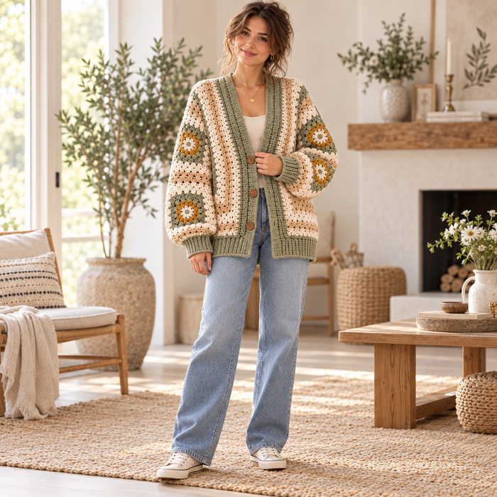 Beginner Granny Square Cardigan Crochet Pattern – Oversized Sweater PDF, XS–5XL