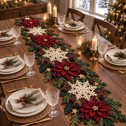 Christmas Crochet Table Runner Pattern PDF, Poinsettia Snowflake Holiday Centerpiece