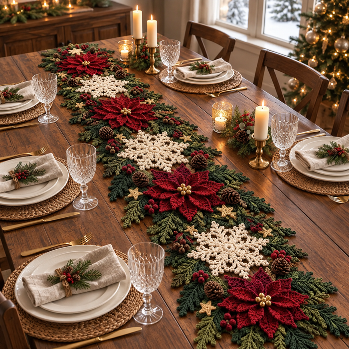 Christmas Crochet Table Runner Pattern PDF, Poinsettia Snowflake Holiday Centerpiece