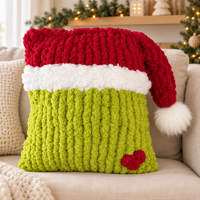 Chunky Hand Knit Grinch Pillow Pattern PDF – Christmas Santa Decor