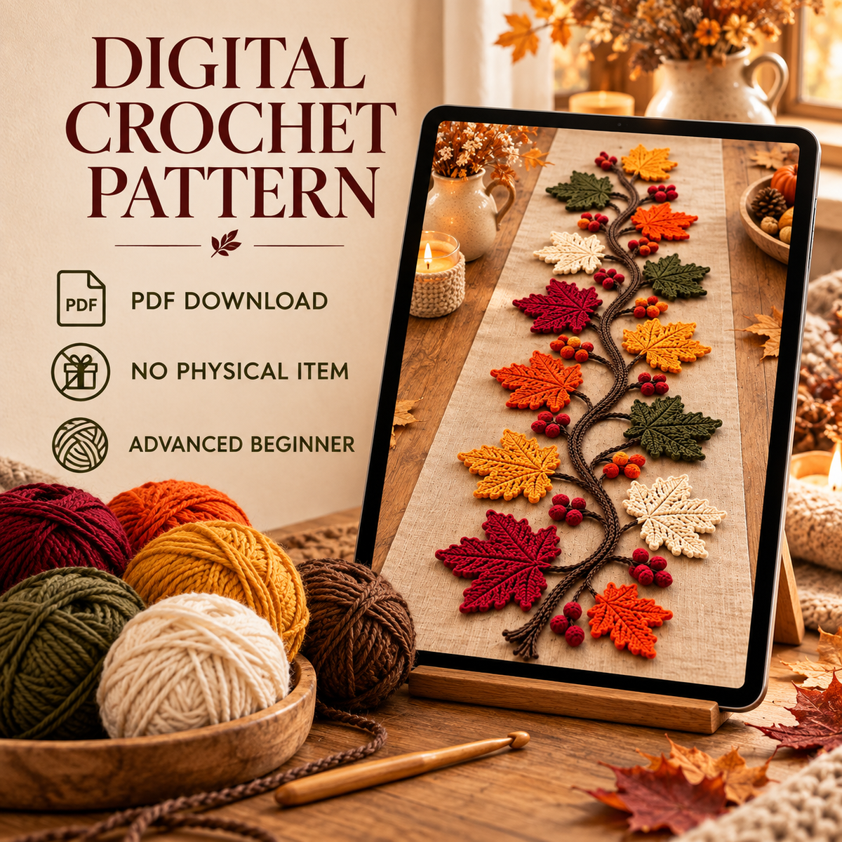 Maple Leaf Garland Crochet Pattern PDF, Fall Table Runner with Berries, Thanksgiving Decor