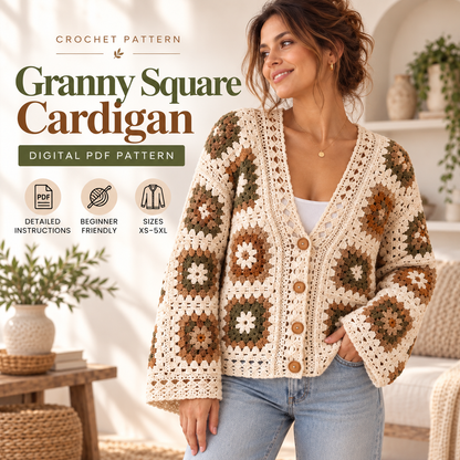Granny Square Cardigan Crochet Pattern – Oversized Boho Sweater PDF