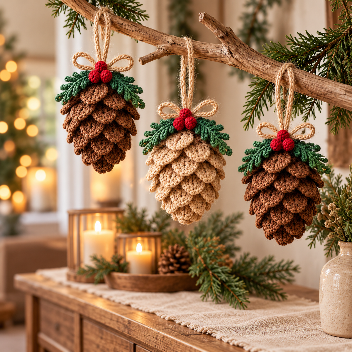 Christmas Pine Cone Crochet Pattern PDF, Rustic Tree Ornament & Holiday Decor