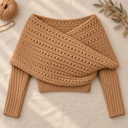 Sleeved Crochet Wrap Pattern PDF, Oversized Scarf Sweater, Women XS–5XL