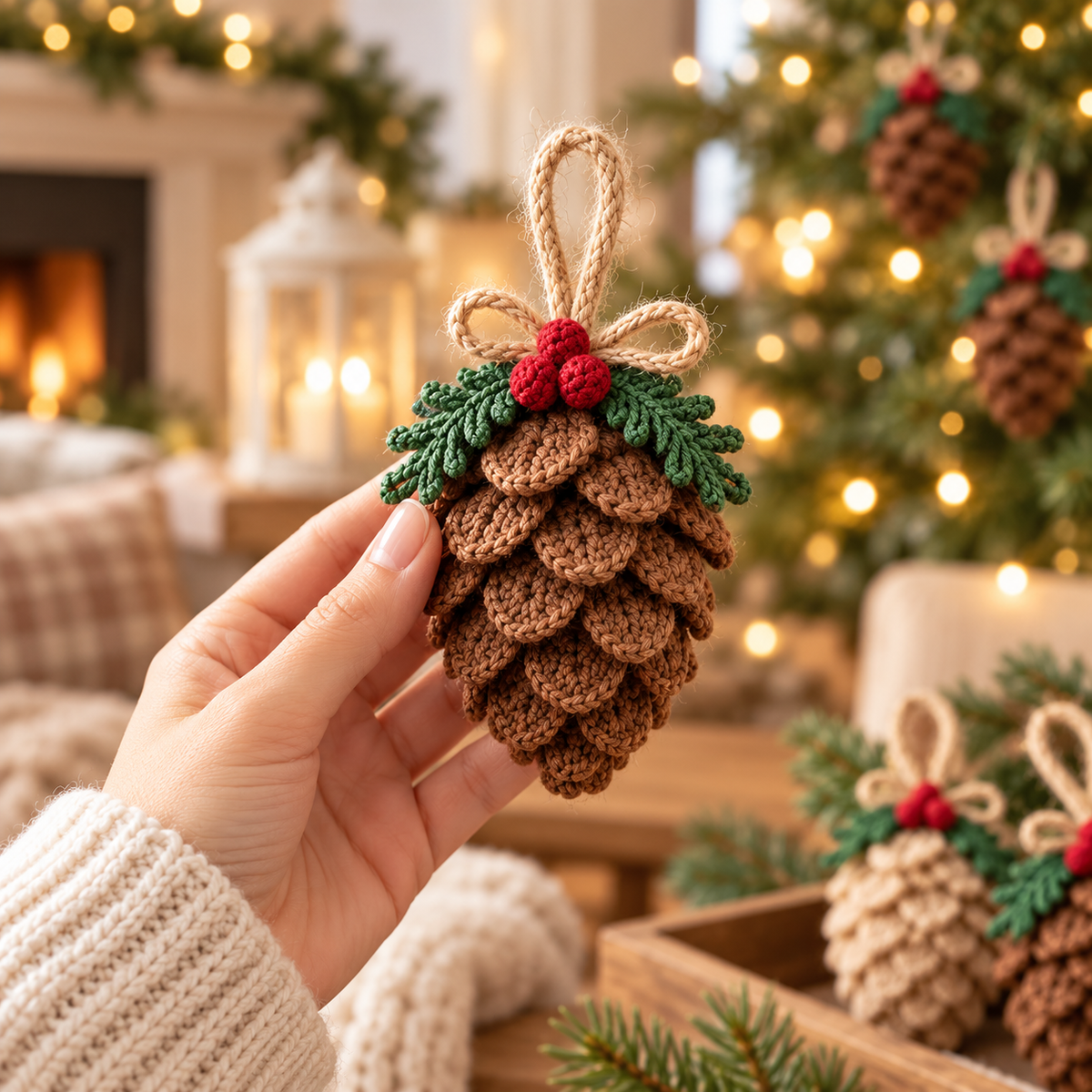 Christmas Pine Cone Crochet Pattern PDF, Rustic Tree Ornament & Holiday Decor