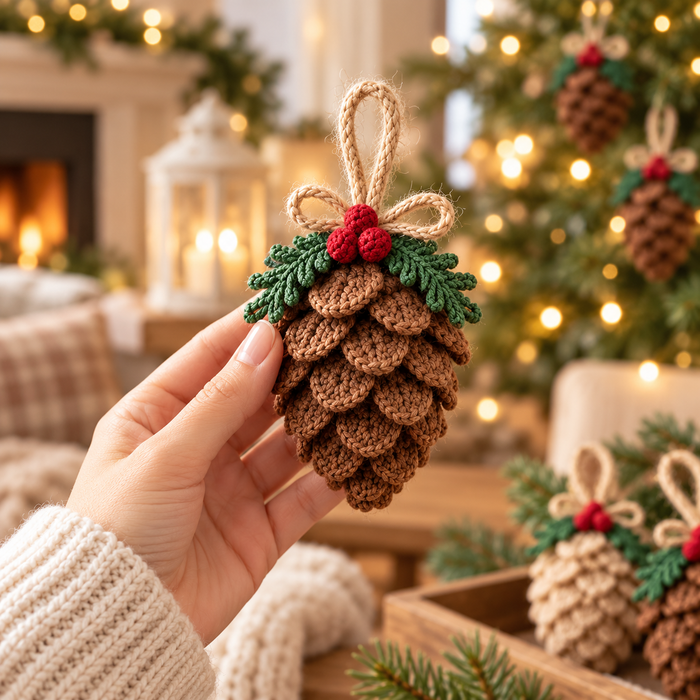 Christmas Pine Cone Crochet Pattern PDF, Rustic Tree Ornament & Holiday Decor