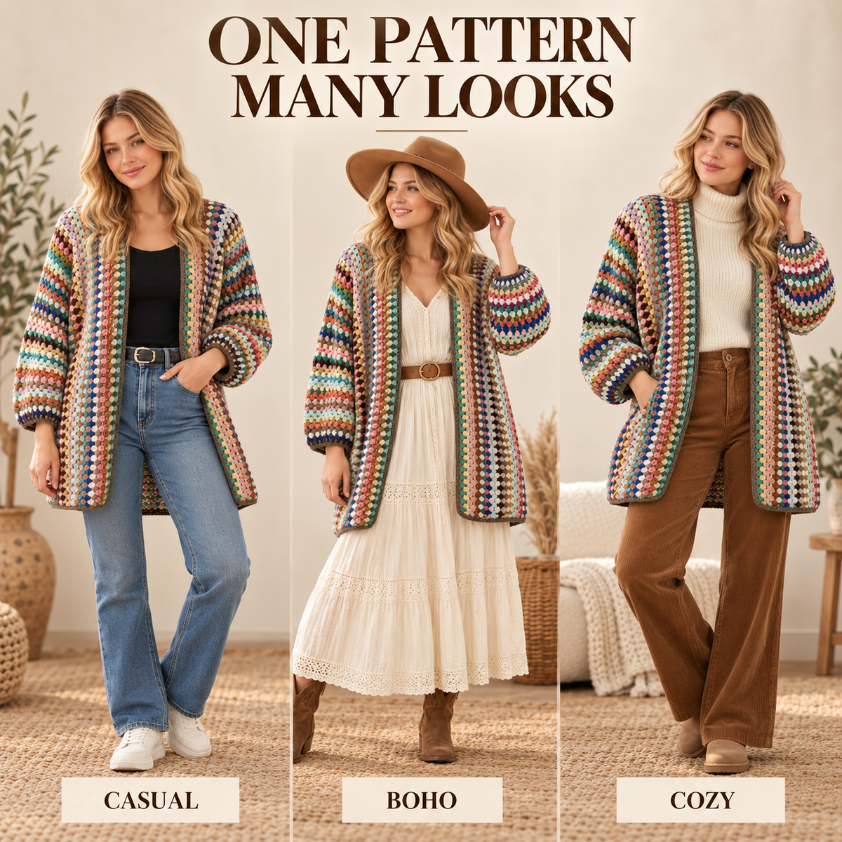 Granny Stitch Cardigan Crochet Pattern – Long Striped Sweater PDF, S–3XL