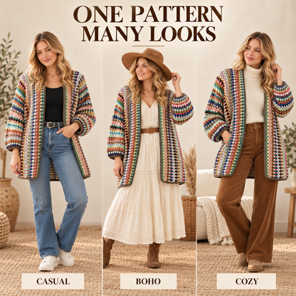 Granny Stitch Cardigan Crochet Pattern – Long Striped Sweater PDF, S–3XL