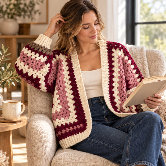 Granny Hexagon Crochet Cardigan Pattern – Oversized Colour Block Sweater PDF, XS–5XL