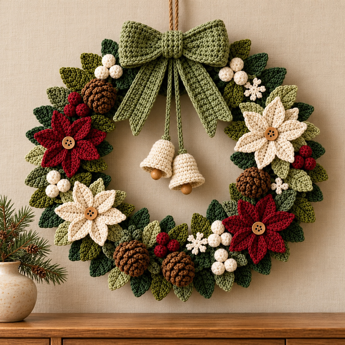 Christmas Door Wreath Crochet Pattern PDF, Poinsettia Pinecone & Snowflake Decor