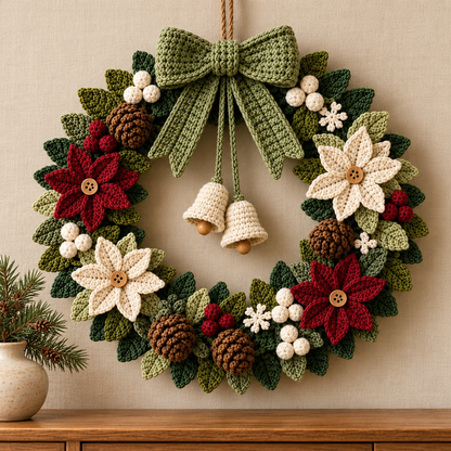 Christmas Door Wreath Crochet Pattern PDF, Poinsettia Pinecone & Snowflake Decor