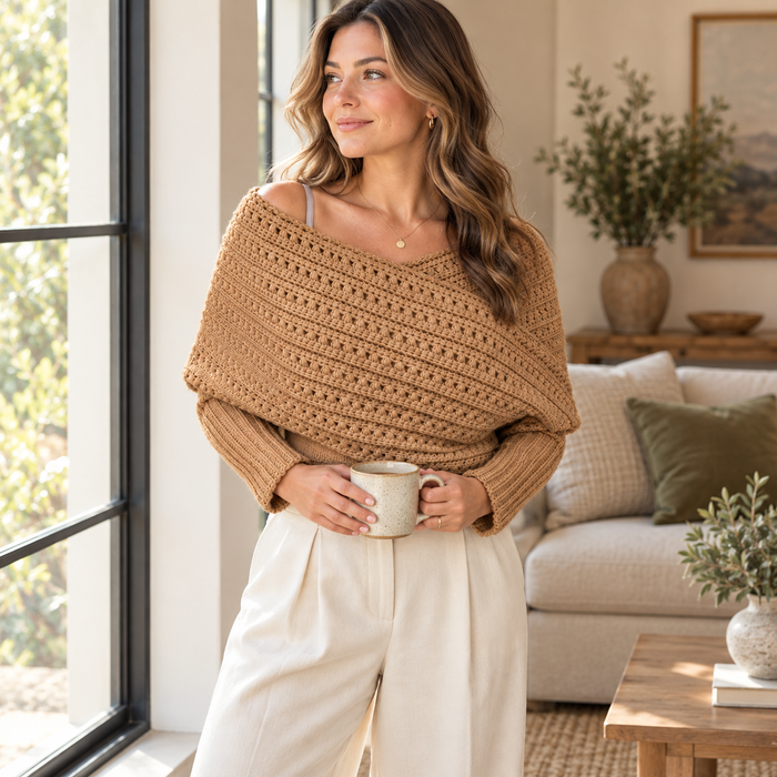 Sleeved Crochet Wrap Pattern PDF, Oversized Scarf Sweater, Women XS–5XL