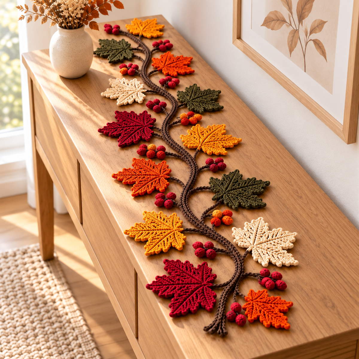 Maple Leaf Garland Crochet Pattern PDF, Fall Table Runner with Berries, Thanksgiving Decor