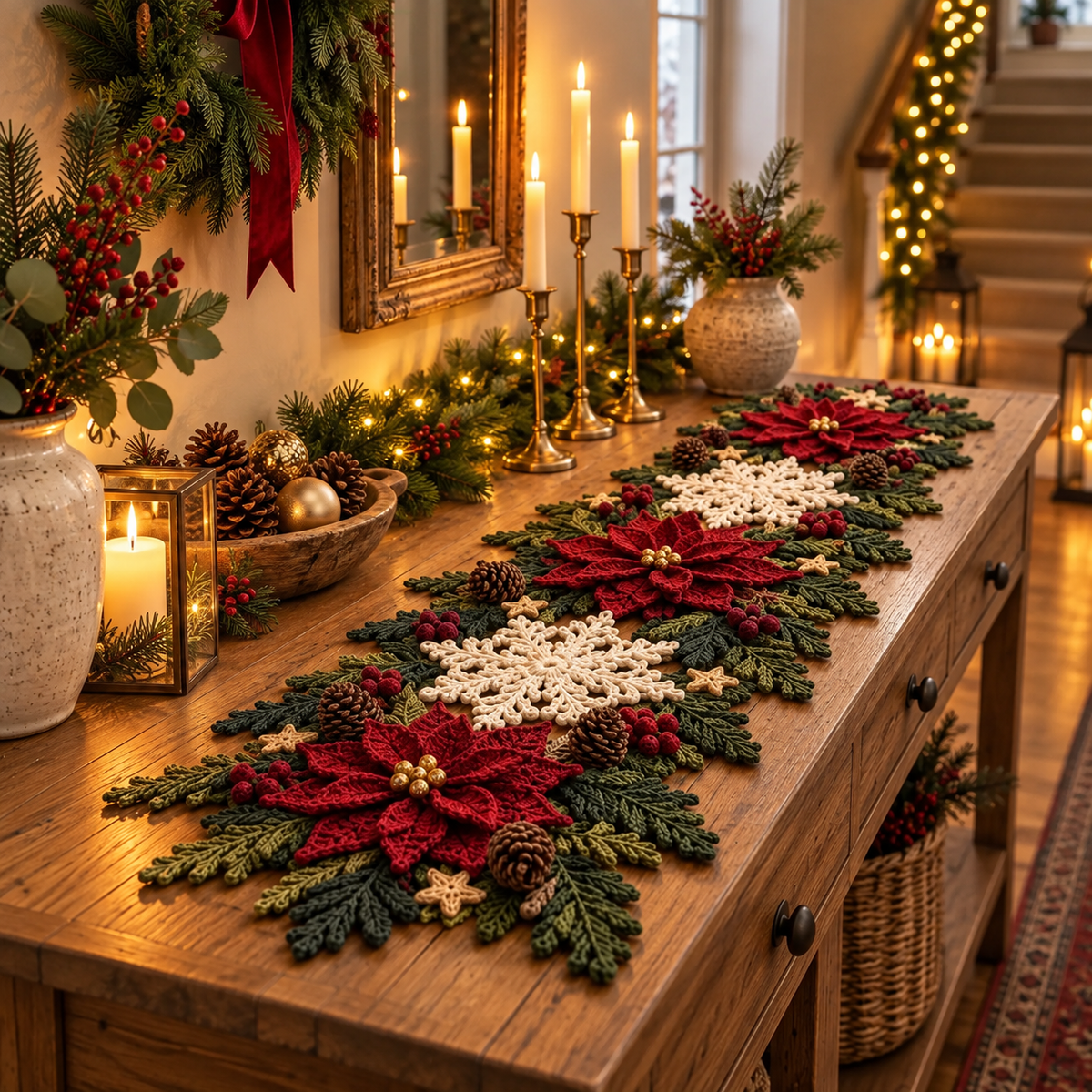 Christmas Crochet Table Runner Pattern PDF, Poinsettia Snowflake Holiday Centerpiece