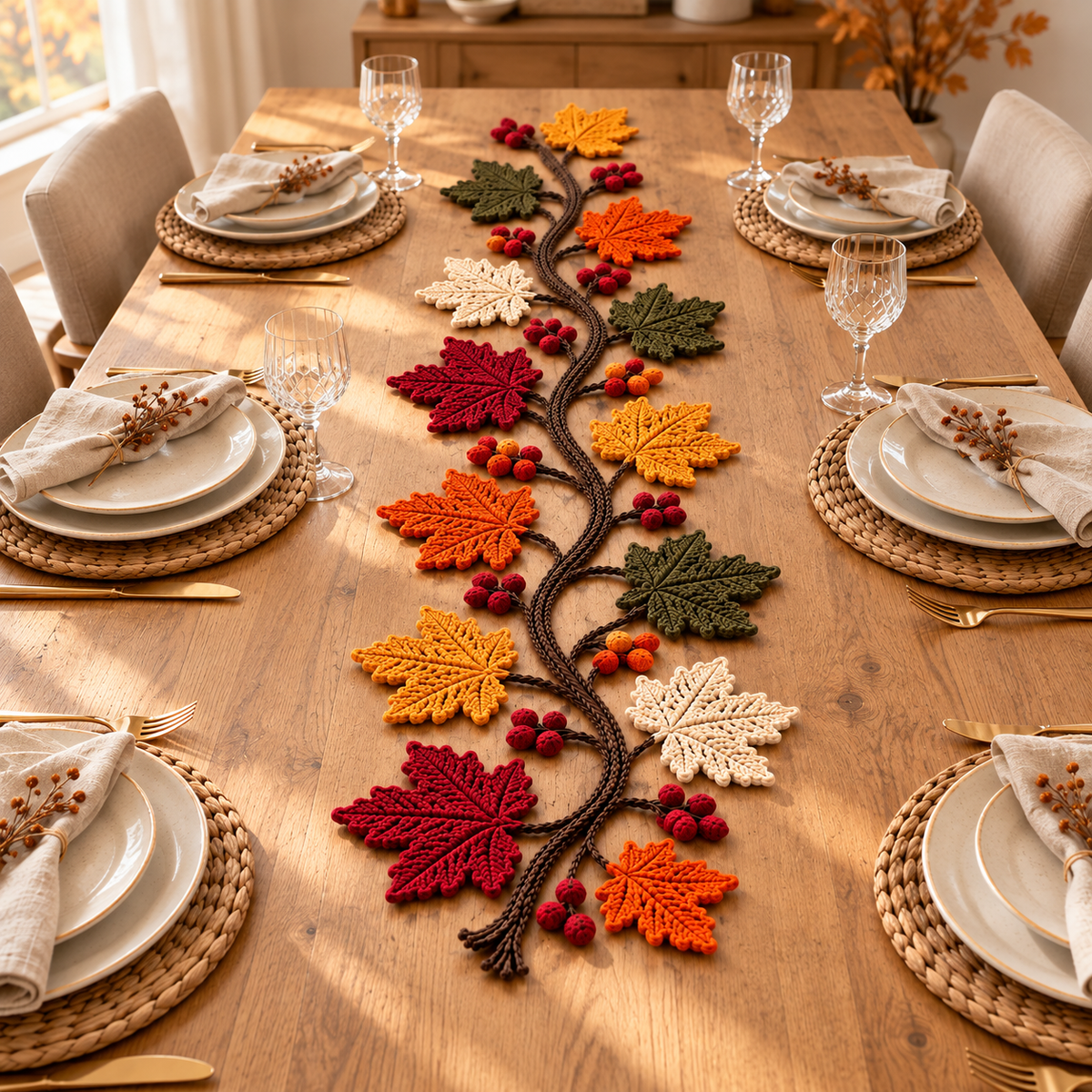 Maple Leaf Garland Crochet Pattern PDF, Fall Table Runner with Berries, Thanksgiving Decor
